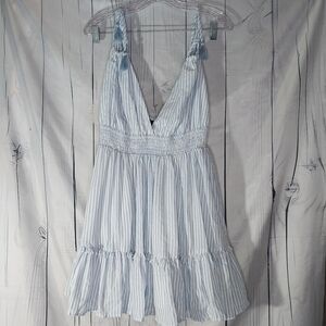 Aakaa Light Blue And White Striped V-Neck Boho-Chic Coquette Babydoll Mini Dress